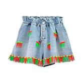 Pantalones cortos vaqueros con flecos de color para mujer